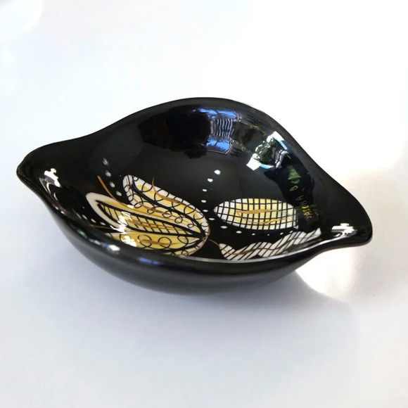 Vintage Sascha Brastoff Mid Century MCM Black and Yellow Ceramic Floral Dish - Picture 3 of 6